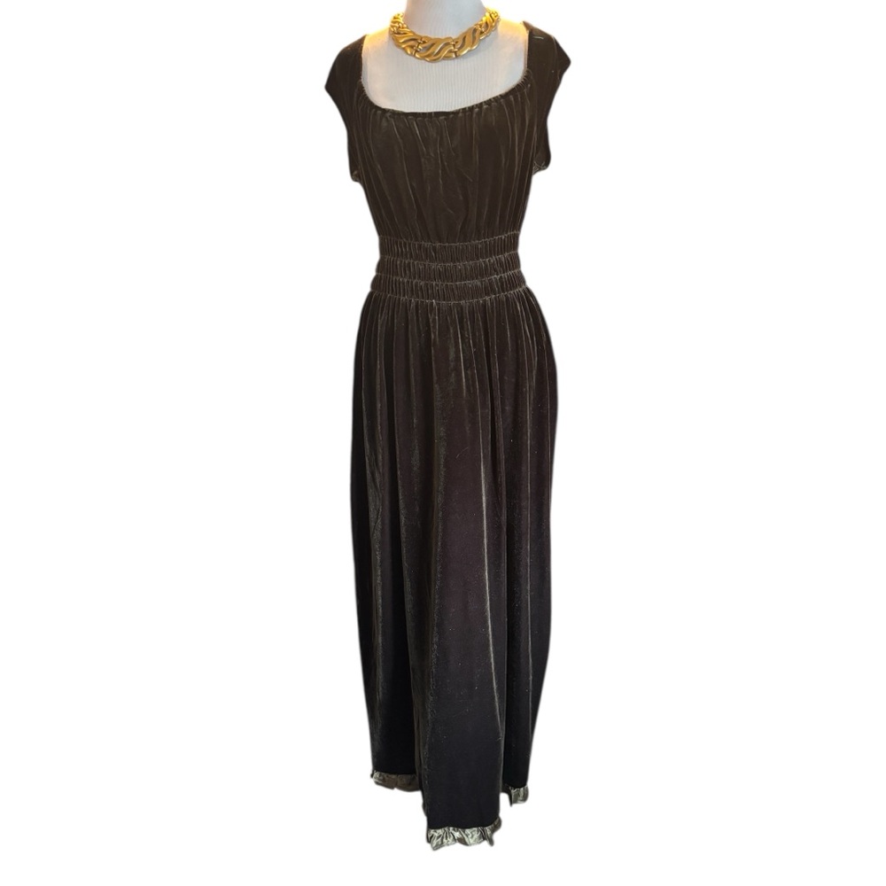Boston Proper Velvet Dress Dark Green Elastic Waist Ruffle Hem